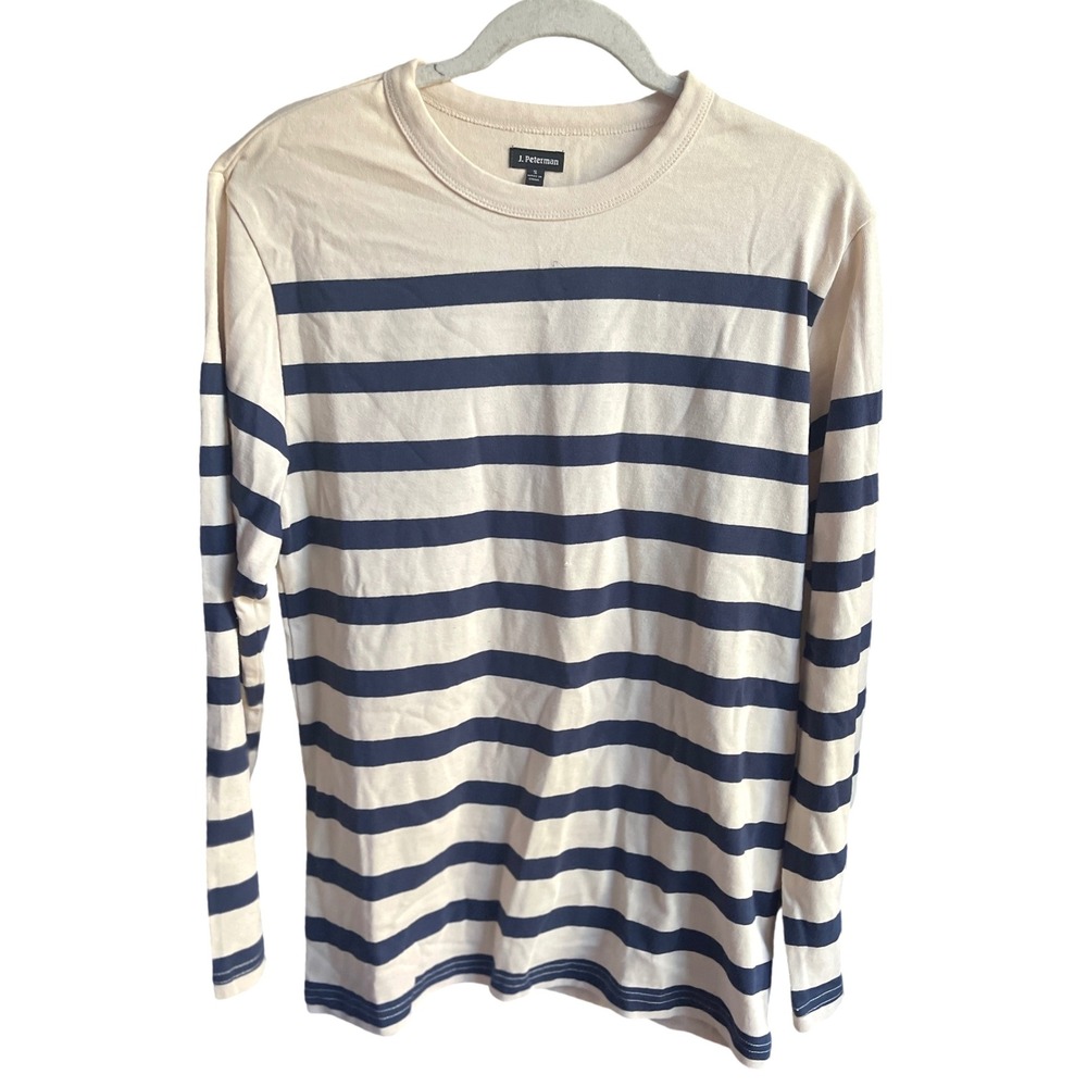 J. Peterman Men's Crewneck Bretton Stripe Cream‎ Blue Long Sleeve Cotton Shirt S